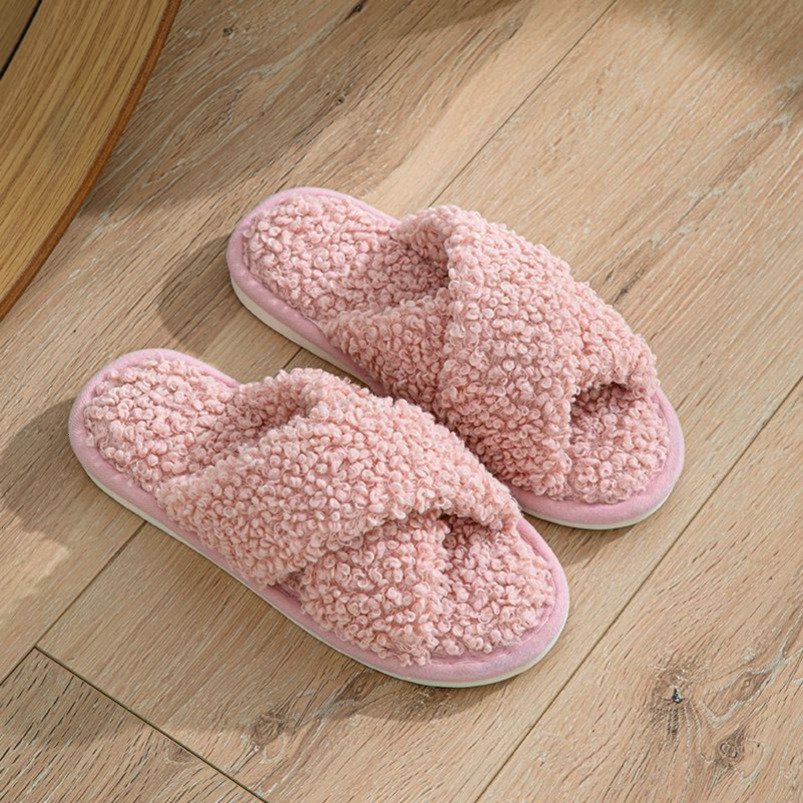 Ins Style Furry Cross Strap Home Comfortable Plush Cotton Slippers for Women