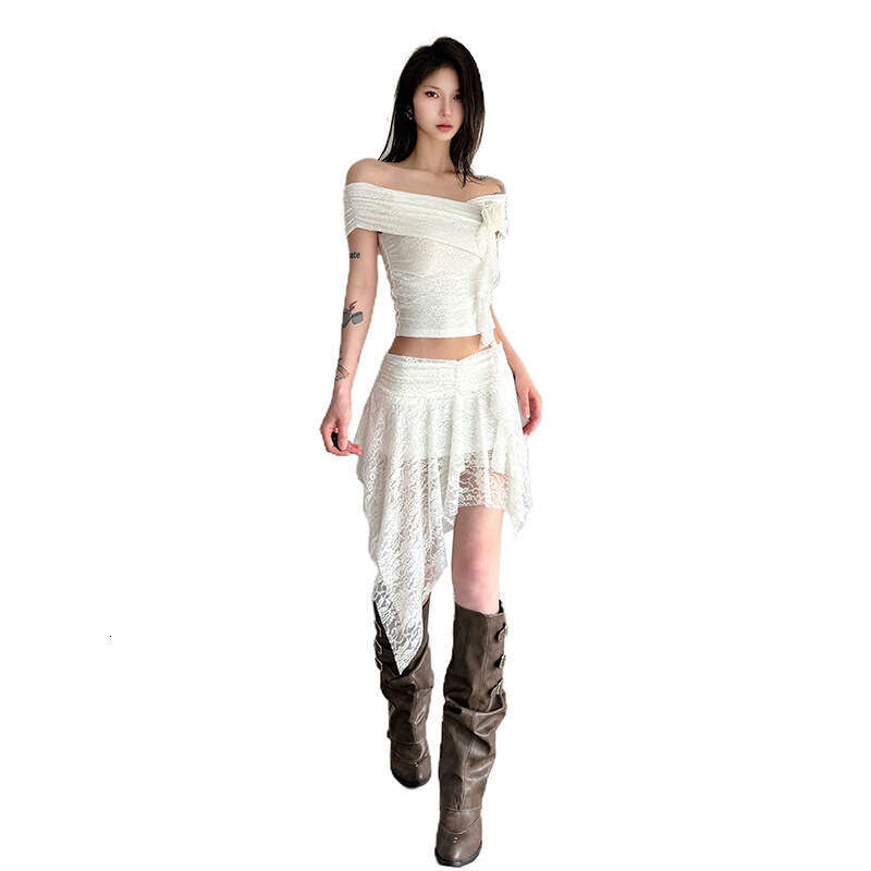 2025 Summer New Hot Girl Lace Off-Shoulder Top with Irregular Ribbon Half Skirt for Women 146