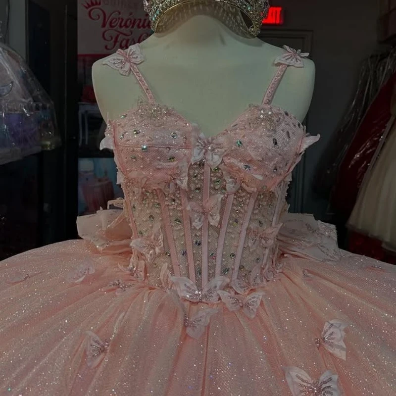 Light Pink Quinceanera Dresses Spaghetti Strap Ball Gown Sweet 16 Dress Beads Bow Tull Corset Birthday Party Vestidos 15 De Anos