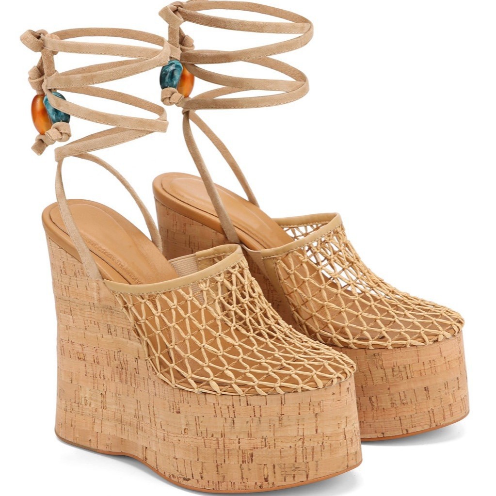 Women's 13cm Wood Grain Platform Fishnet Sandals - Adjustable T-Strap, Chunky Heel, Summer Festival Shoes (Nude/Black)
