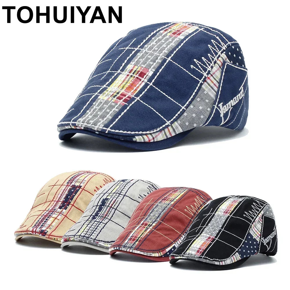 TOHUIYAN Plaid Cotton sboy Cap Men Casual Ivy Hat Duckbill Visor Cabbie Hats Summer Gorras Planas Flat Cap For Women Hat 250723