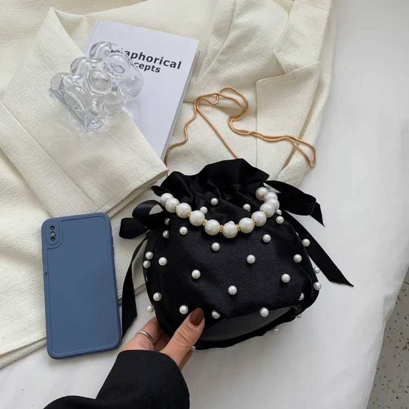 Brand Shoulder Bags For Women High Quality Luxury Ladies Handbag Black Bead Pearl Imitation Silk Fem Bucket Crossbody Bag Y250725