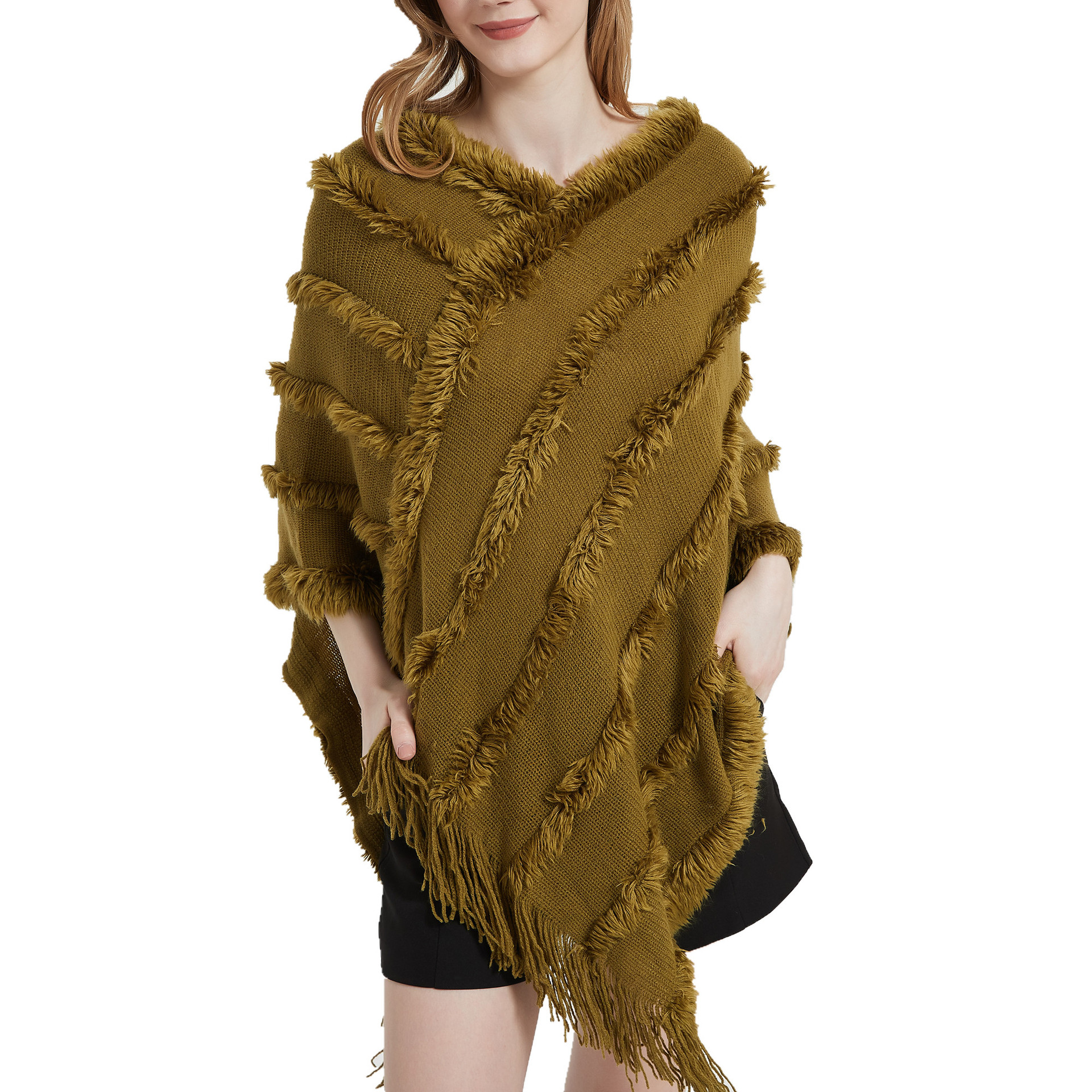 K1466 Spot foreign trade cross-border hot-selling new spring and autumn winter V-neck solid color knitted plush European and American shawl wholesale 