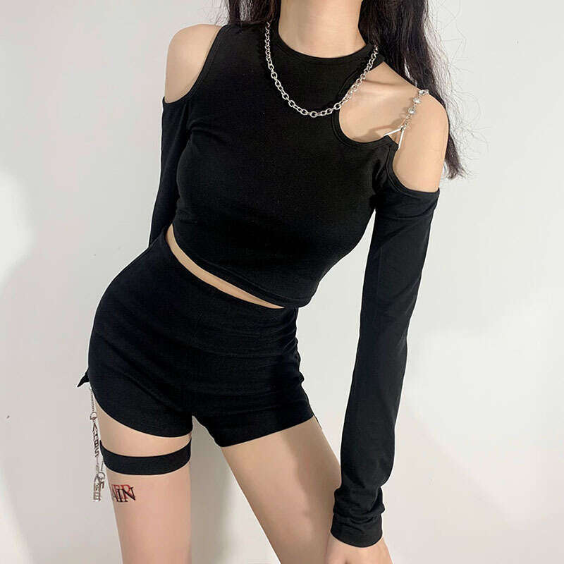 2021 Street Fashion Summer New Women's Slim Fit Sexy Off-Shoulder Long Sleeve Round Neck Short T-Shirt ee9
