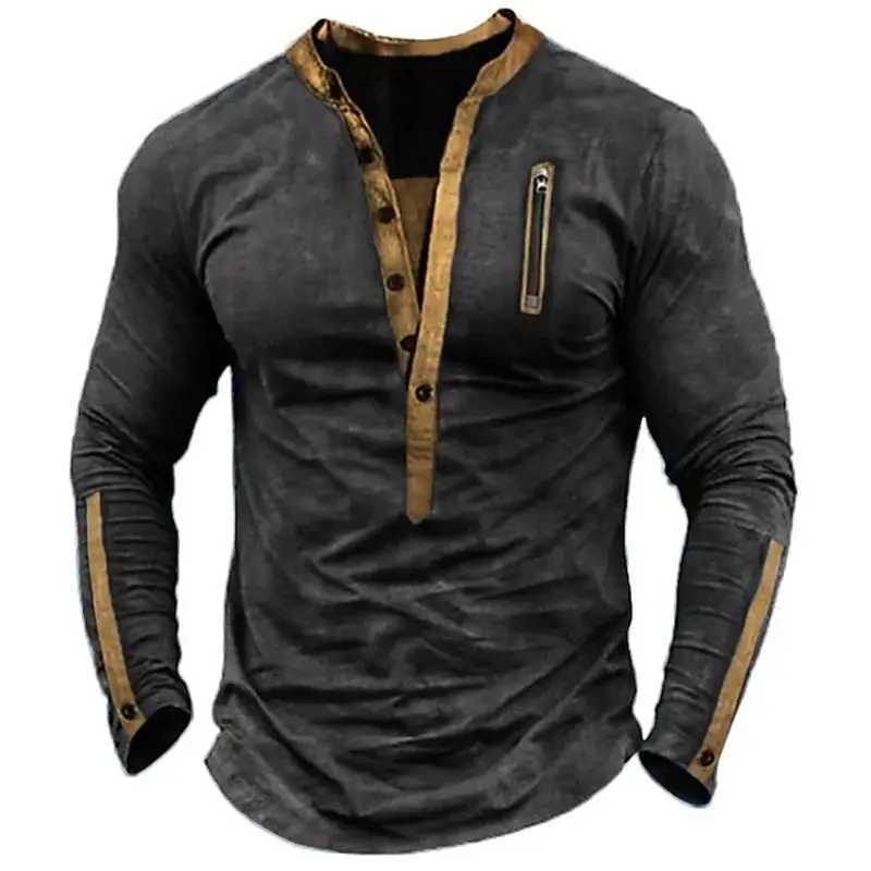 Summer Mens Outdoor Tactical Zipper Contrast Color Henry T-Shirt Y250724
