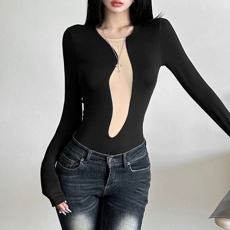 2024 Autumn New Women's Solid Slim Fit Street Fashion Round Neck Long Sleeve Color Block Jumpsuit bd9