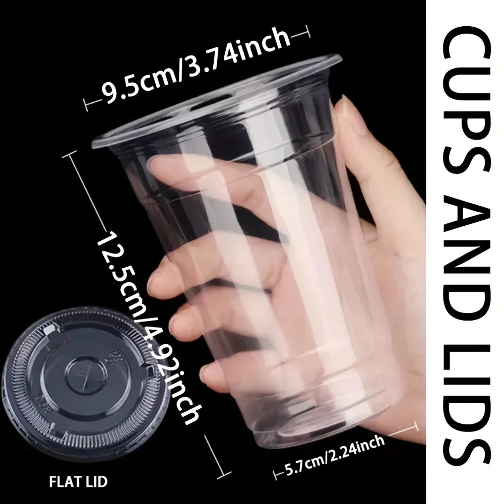 50pcs/Set 12/16OZ Plastic Cups With Lids Disposable Cups For Iced Coffee Smoothie Milkshake Cold Drinks Birthday Party Supplies 250725