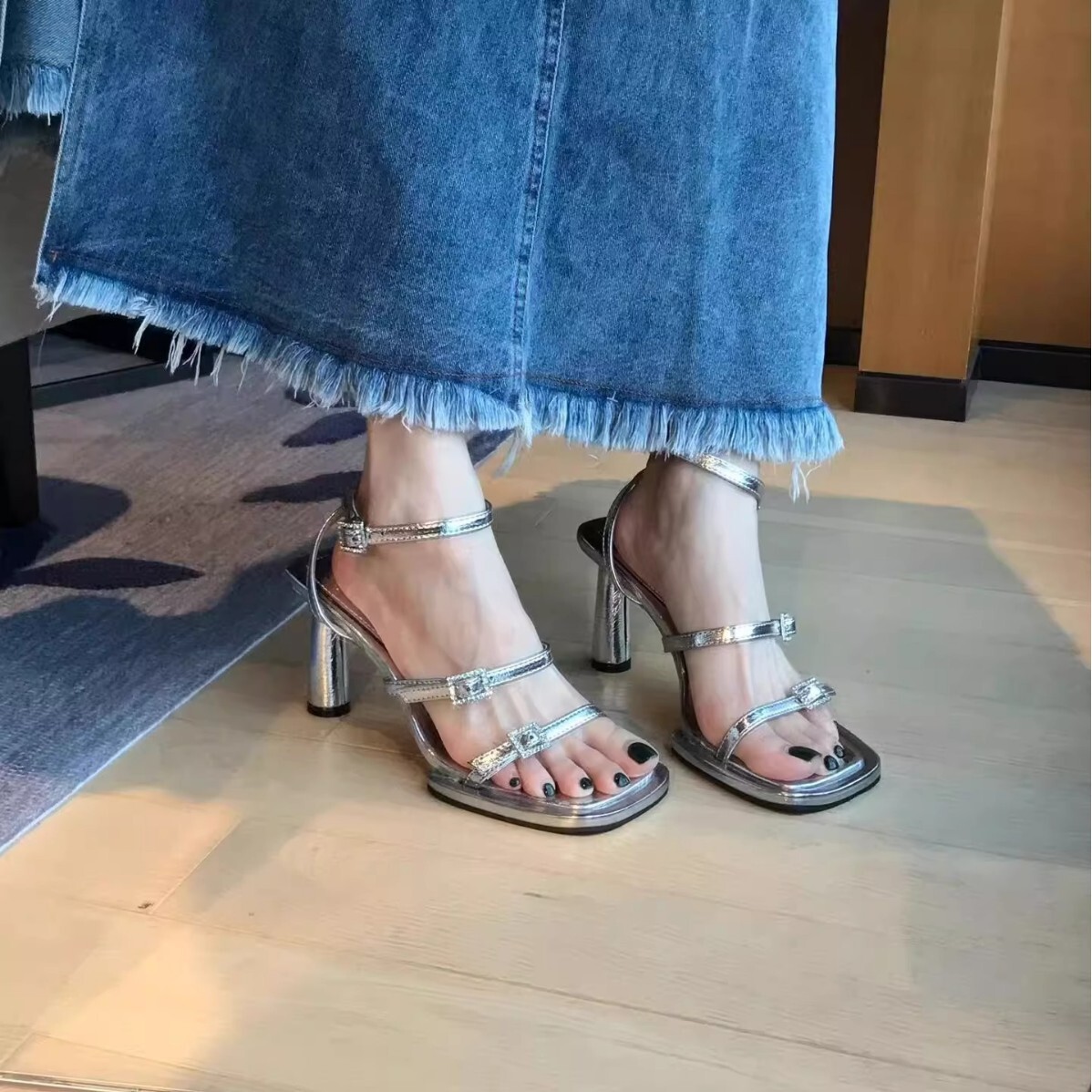 Ddmysports Rhinestone Elegant Sandals For Women New Summer Silver Square Open Toe One Strap Thick Heel High Heels Outdoor Shoes