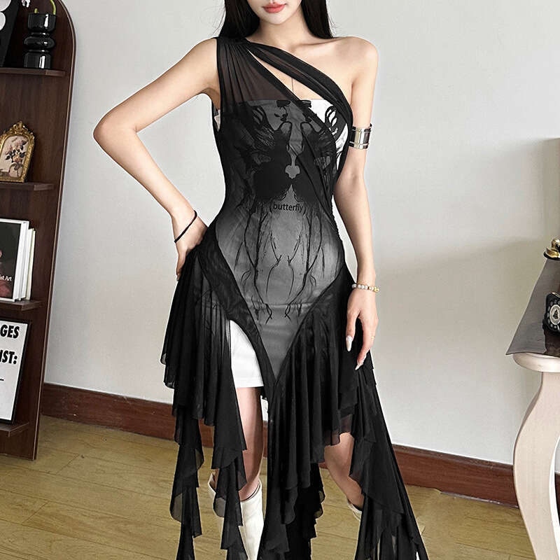 2025 Summer New Sexy One-Shoulder Sleeveless Mesh Two-Piece Irregular Slit Dress for Women 967