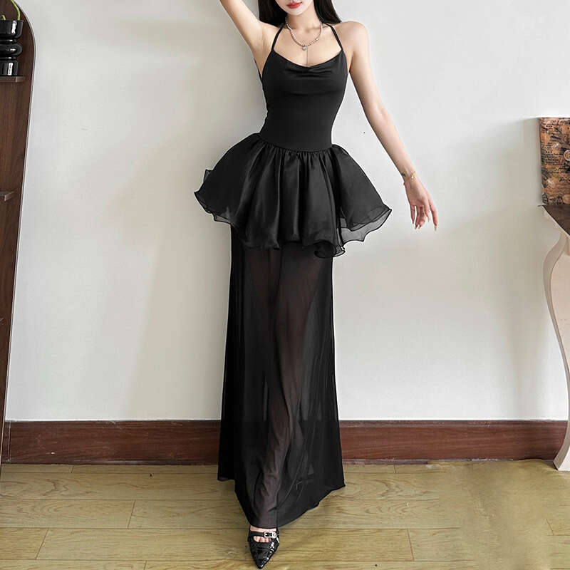 2025 Summer New Halter Neck Sleeveless Backless Slim Fit Extended Versatile Black Dress for Women 950