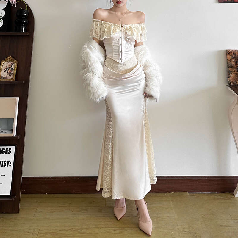 2024 Autumn New Women's Solid Color Off-Shoulder Short Sleeve Top Fashion High Waist Skirt 8d1