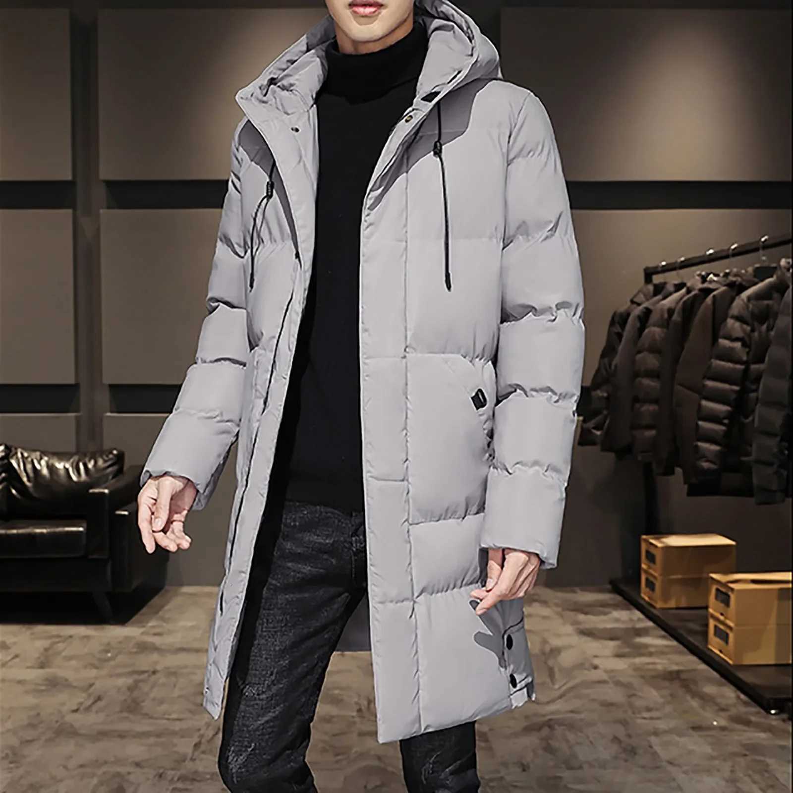 Male Autumn and Winter Mid Length Coat Long Sleeve Hooded Solid Color Pockets Warm and Windproof Jacket Men Sweaters Coats X250725