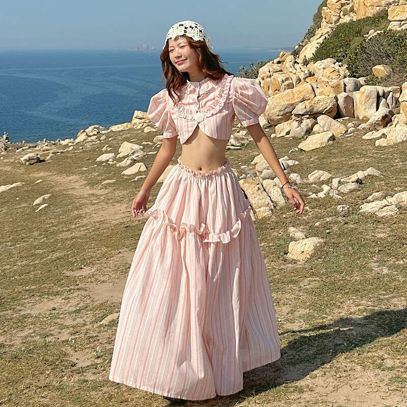 2025 Summer New Style Off-Shoulder Hollow Out Bustier Top Loose Draped Midi Skirt Women's Fashion a63