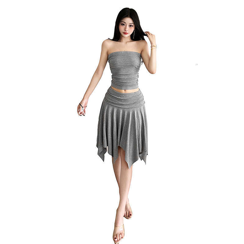 2025 Summer INS Style Sexy Sequin Shiny Crop Top Irregular Slim Bodycon Skirt for Women 972