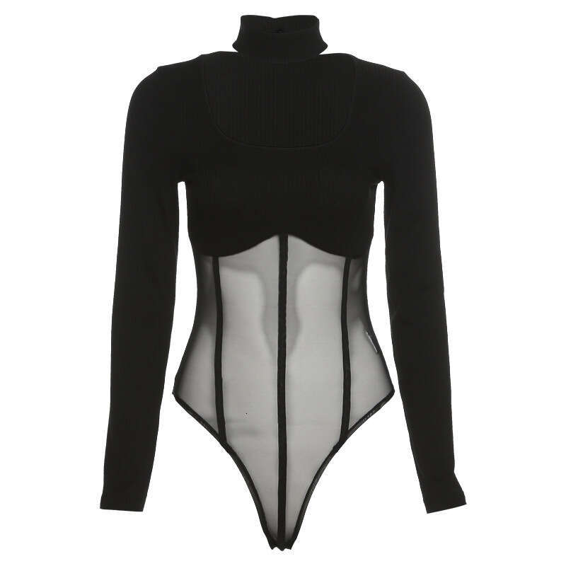 Fashion Style 2022 Spring New Women's Solid Color Sexy Slim Fit Long Sleeve Mesh Jumpsuit 5c2