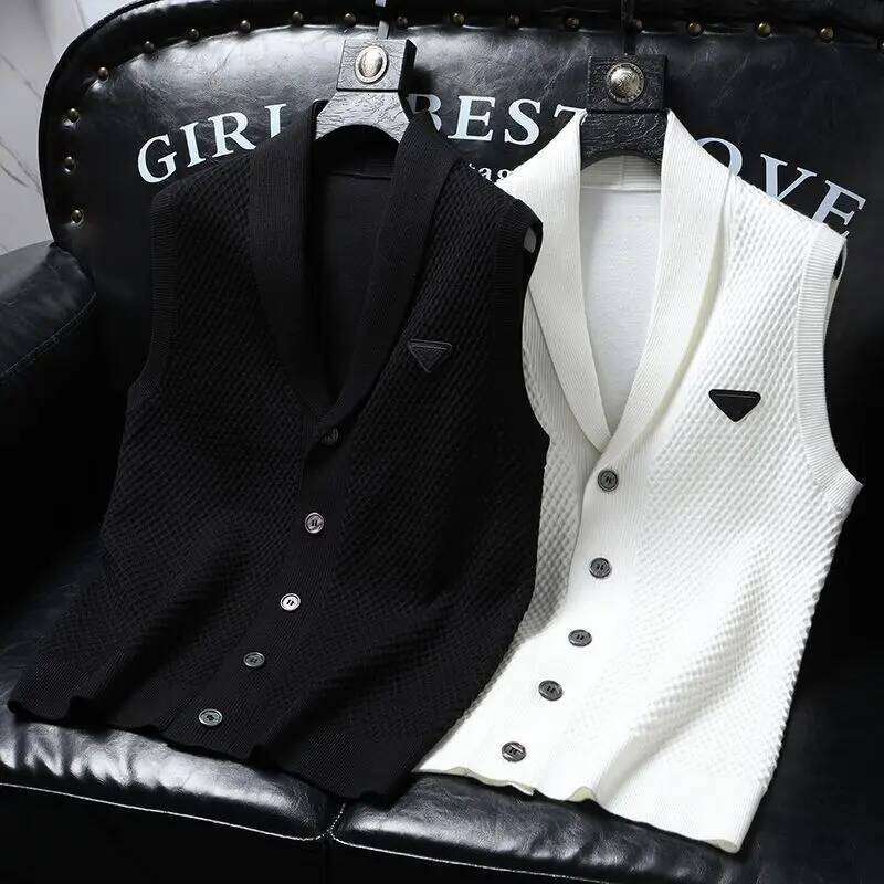 2024 Spring Summer Knitted Cardigan Vest Men's American Trendy Solid Color Slim Business Versatile Fashion Tops Men Aesthetic