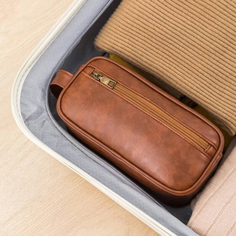 Men Vintage PU Leather Toiletry Travel Necessary Business Cosmetic Makeup Cases Male Hanging Double Layered Wash Bag