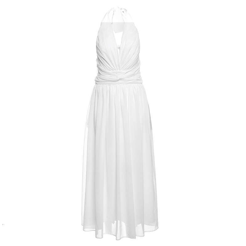 2025 Summer New French Style Deep V-Neck Halter Design Solid Color Slim Dress for Women 46b
