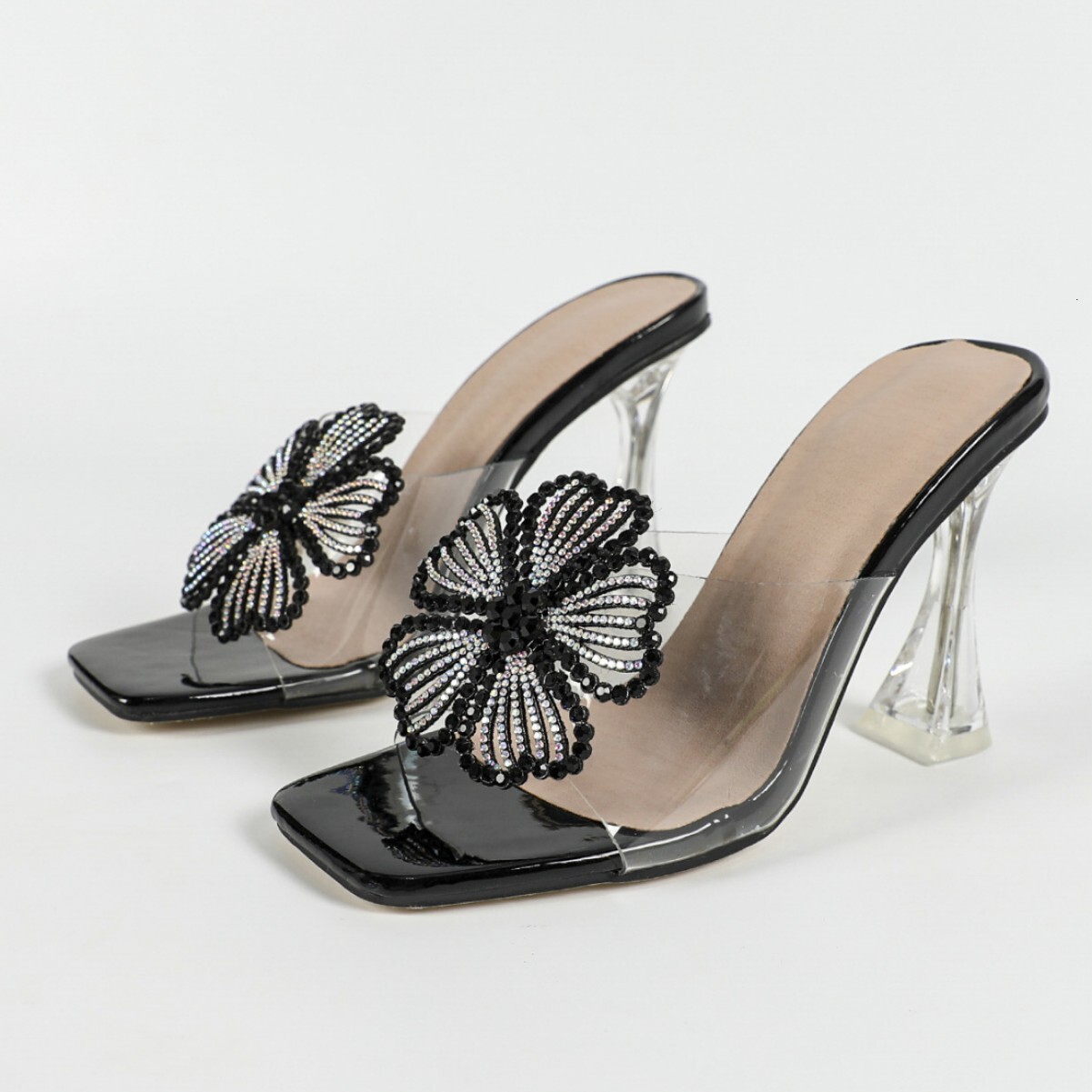Designer sandals New Bowknot Rhinestone One-Strap High Heel Open-Toe Women's Fashion Transparent Crystal Large Size Sandals