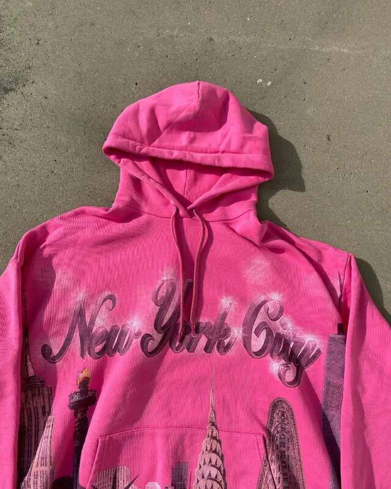 American Statue of Liberty letter pattern printed pink oversized hoodies women y2k hip hop street versatile aesthetic sweatshirt 250724