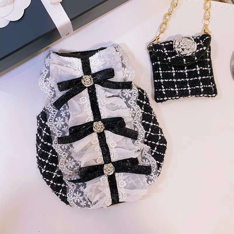 Little Chanel Style Rose Autumn Winter Black and White Plaid Bag Cat Dog Pet Clothes