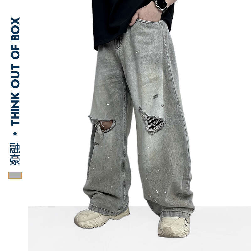 Summer New High Street Ink Splash Dye Distressed Scimitar Jeans Long Unique Design Unisex Wide Leg Casual Pants
