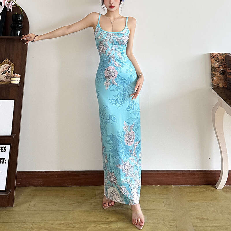 2025 Spring New Women's Solid Color Slim High Waist Fashion Strap Sleeveless Printed Dress 765