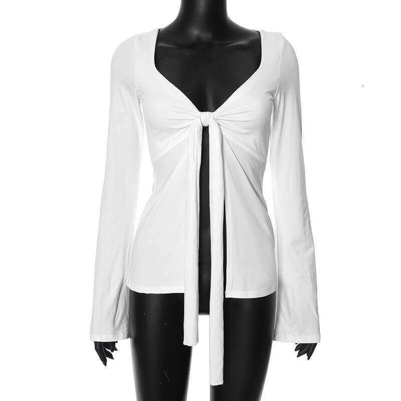 Q23tp671 Women's Autumn New Solid Color Twist Bell Sleeve Split Cropped Top T-Shirt B5