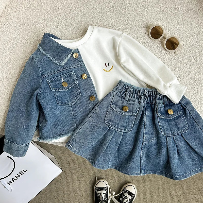 2-8 year old girls denim set with retro lapel long sleeved denim jacketpleated skirt cover girls fashionable and trendy set 250724