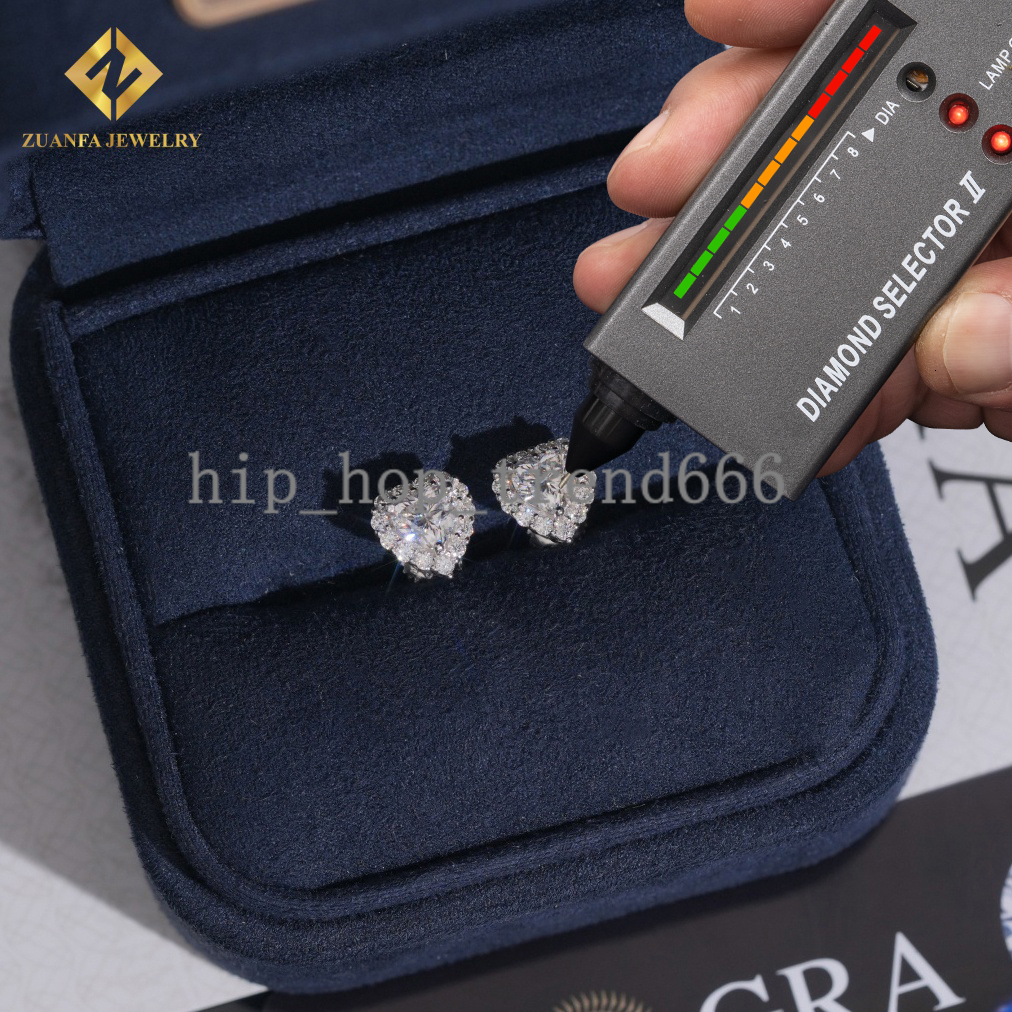 Local Warehouse Hip Hop Jewelry 8.5mm 925 Sterling Silver Earrings Heart Vvs Moissanite Back Round Ear Studs Iced Out Screw