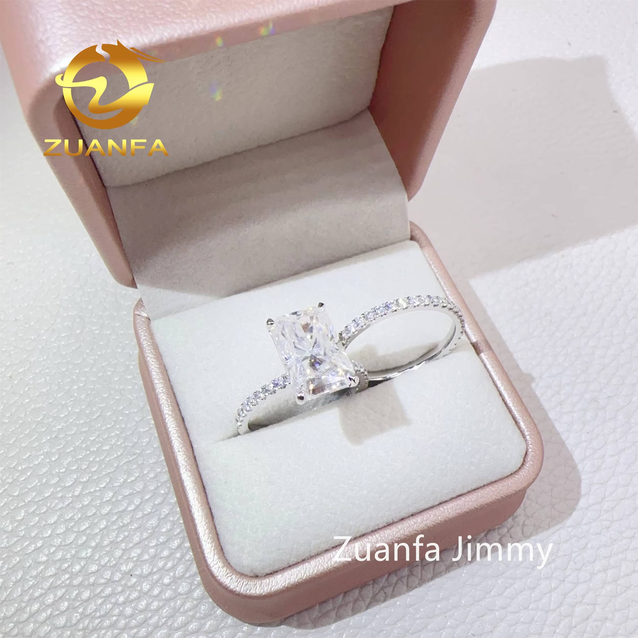 Custom Elegant Bridal Jewelry 10k 14k Solid White Gold 5CT Crushed Radiant Moissanite Diamond Engagement Band Ring Set