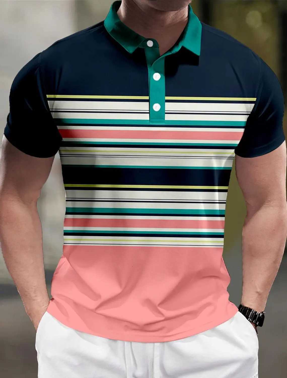 Striped Mens Business Casual 3D Polo Shirt Street Polyester Short Sleeve Turndown Polo Shirts Micro-elastic Lapel Polo Summer XJ250725
