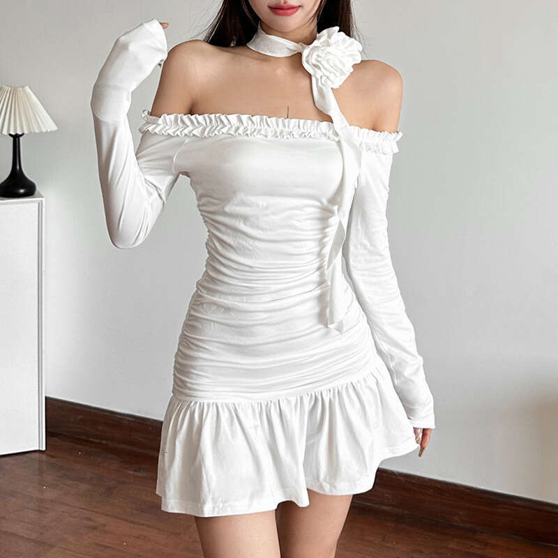 2024 Autumn New Women's Solid Color Slim High Waist Fashion Off-Shoulder Long Sleeve Dress e10