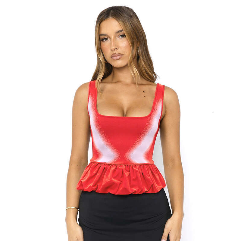 Y25tp163 Women's Summer New U-Neck Color-Block Ruffle Sexy Tank Top T-Shirt For Women B5