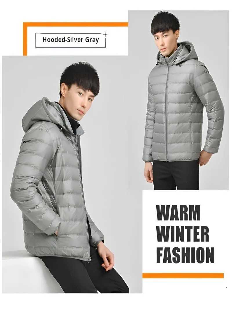 Mens Short Thin Down Jacket with Detachable Hood White Down Light Warm Jacket Autumn and Winter Short Thin Cold-Proof Warm X250725
