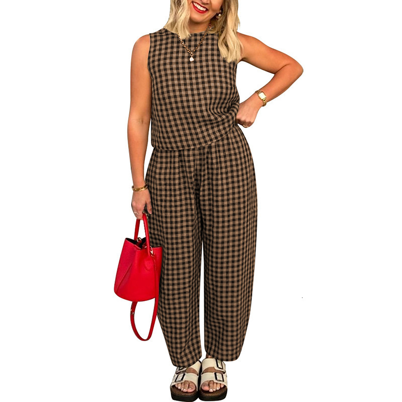 2025 Womens TK New Solid Color Plaid Loose Casual Sleeveless Vest and Long Pants Set