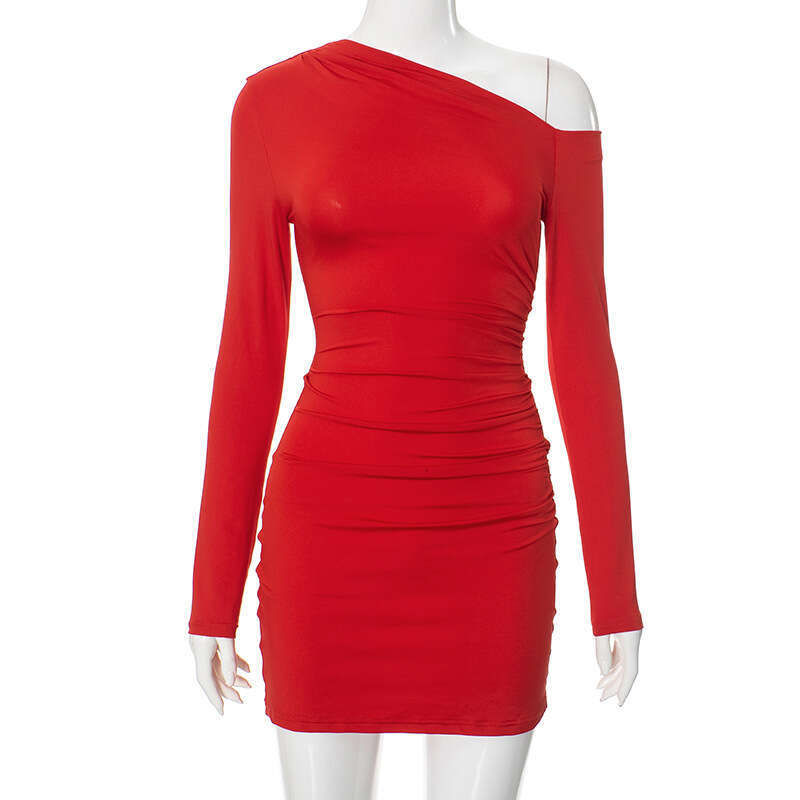 Qds375 Women's Autumn New Solid Color Long Sleeve One-Shoulder Asymmetrical Neck Sexy Bodycon Dress B5