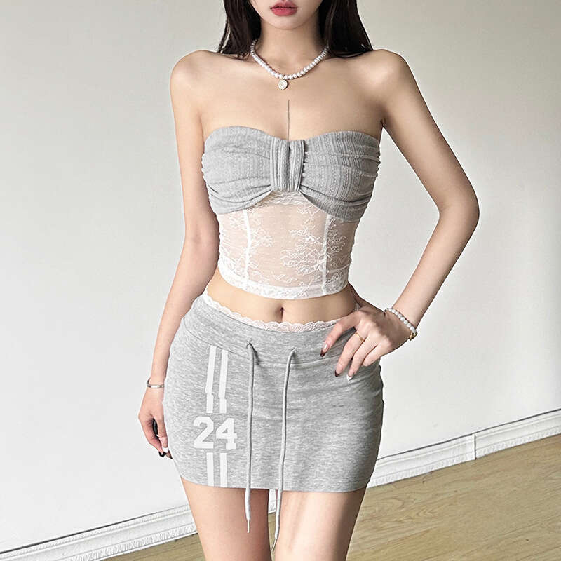 2024 Summer New Women's Solid Color Slim Fit Tube Top Vest Fashion High Waist Skirt Set c7a