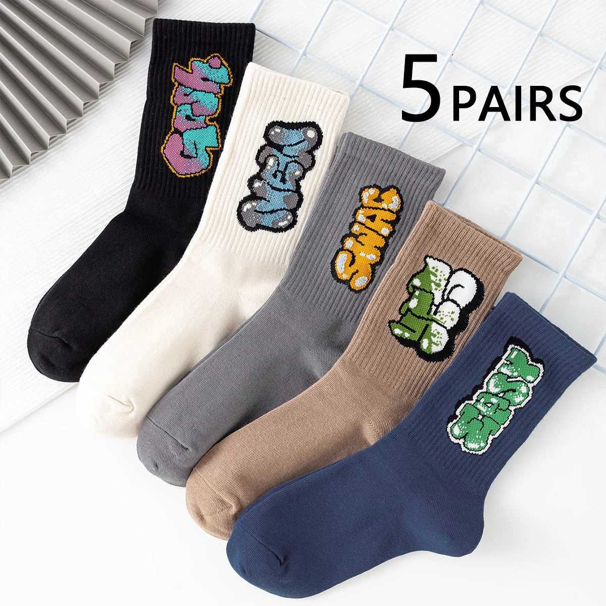 5 Pairs Mens Multicolor Crew Socks Graffiti Lettering Street Style Unique Comfortable Breathable Moisture-Wicking X2507251