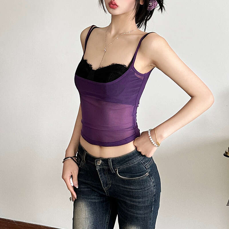 2025 Spring New Women's Solid Color Slim Fit Fashion Strapless Tube Top Mesh Two-Piece Set Vest 8b9