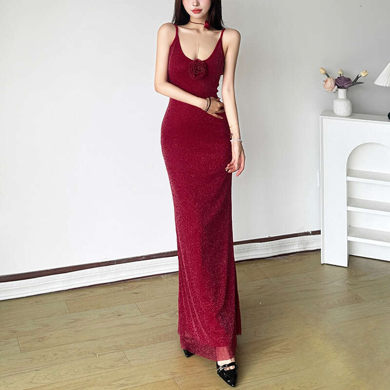 2024 Autumn New Women's Solid Color Slim High Waist Fashion U-Neck Strap Backless Dress 3c9