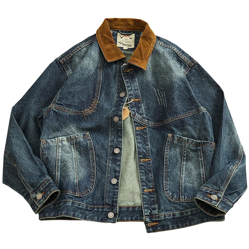 Spring American Retro Heavyweight Neckline Contrast Color Corduroy Washed Old Cargo Denim Jacket Mens Lapel Casual Coat 250717
