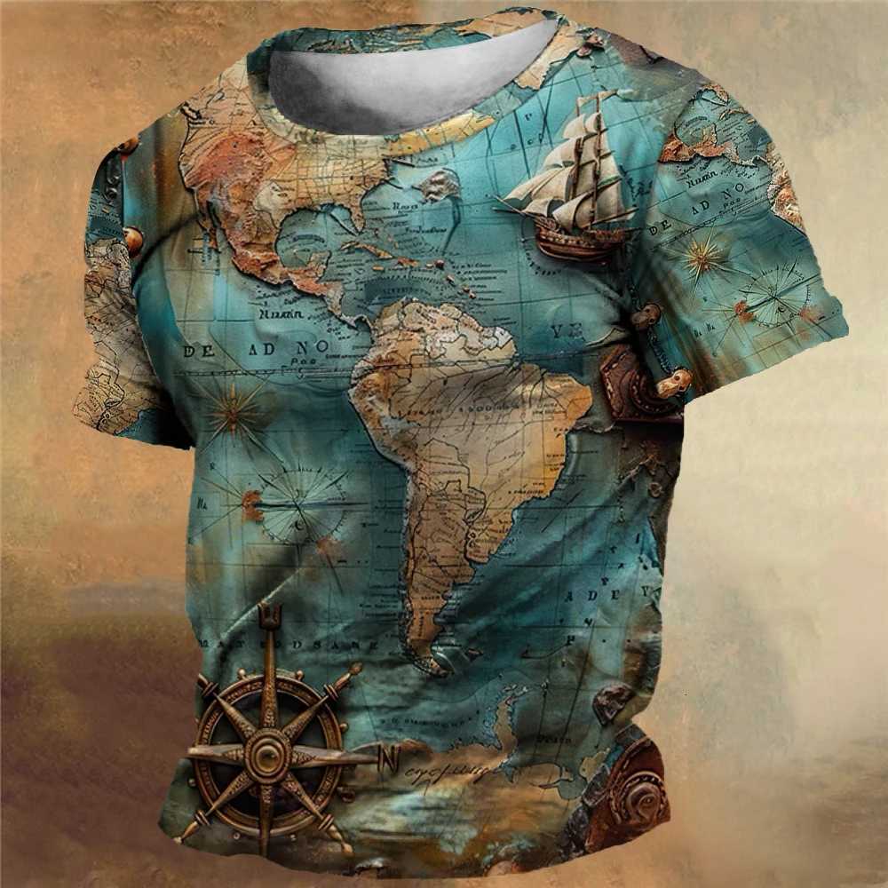 Vintage Mens T-Shirt Summer Compass Printed T-Shirt Tops Casual Short-Sleeve Tees Daily Mens Clothing Oversized Streetwear Y250724