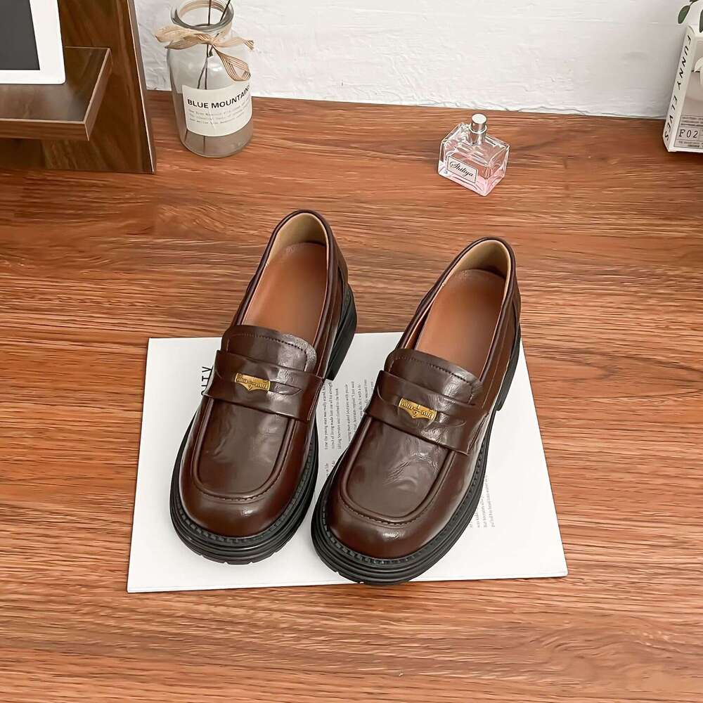 Designer Spring New Loafers for Women Coin Thick Heel Comfortable Wrinkled Washed Leather Small Shoes