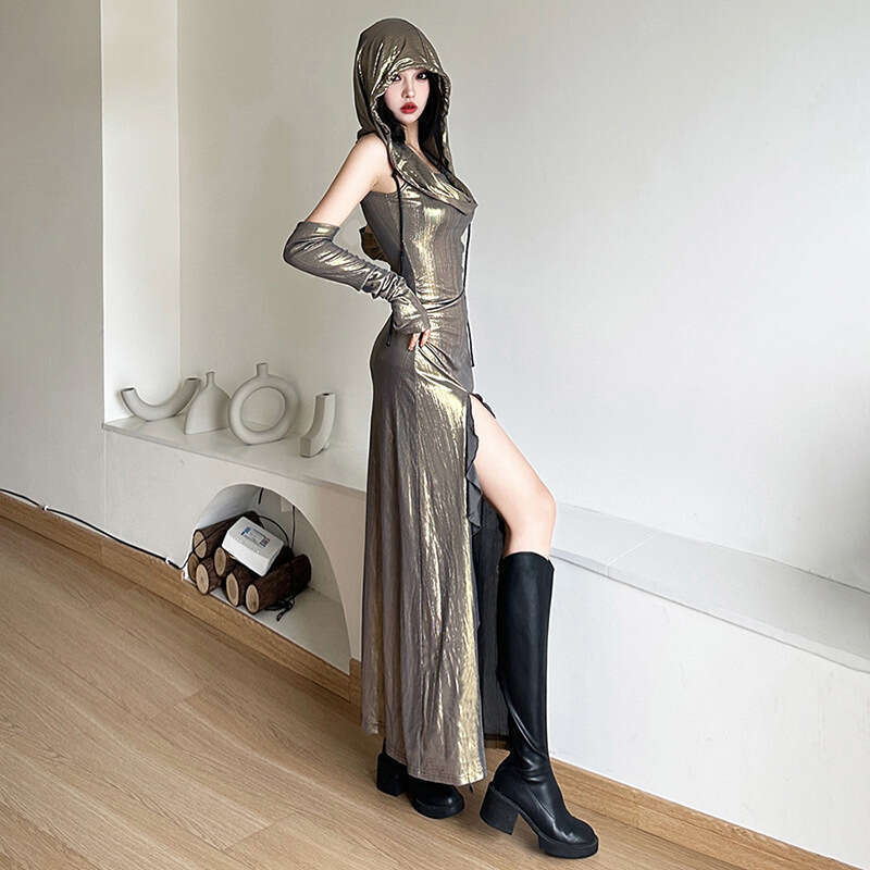 2023 Summer New Women's Solid Color Slim Street Fashion Hooded Sleeveless Split Dress 9b8