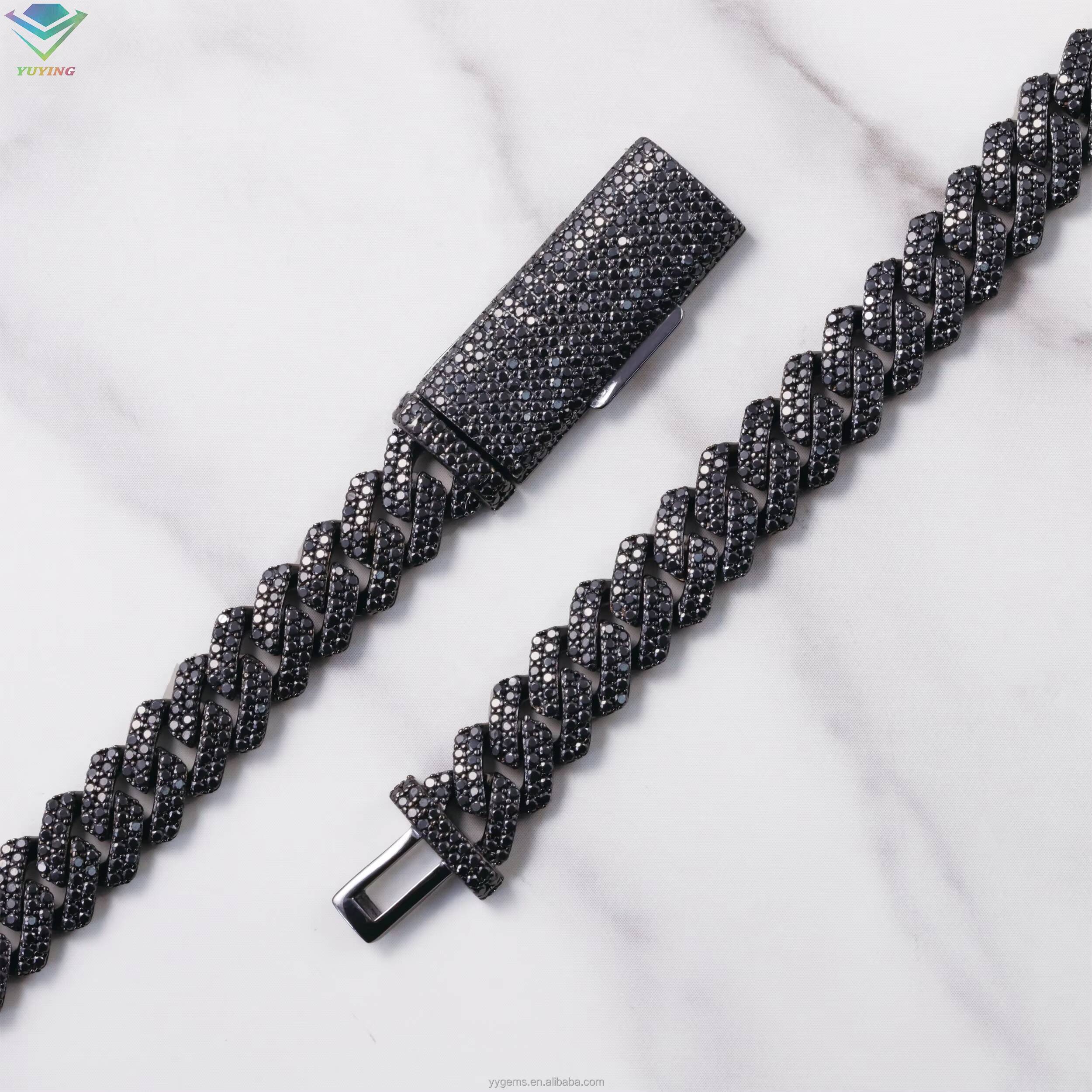 VVS Black Diamond 2rows 10mm 12mm S925 Silver Hip Hop Necklace For Men Black Moissanite Cuban Link Chain For Fashion Jewelry