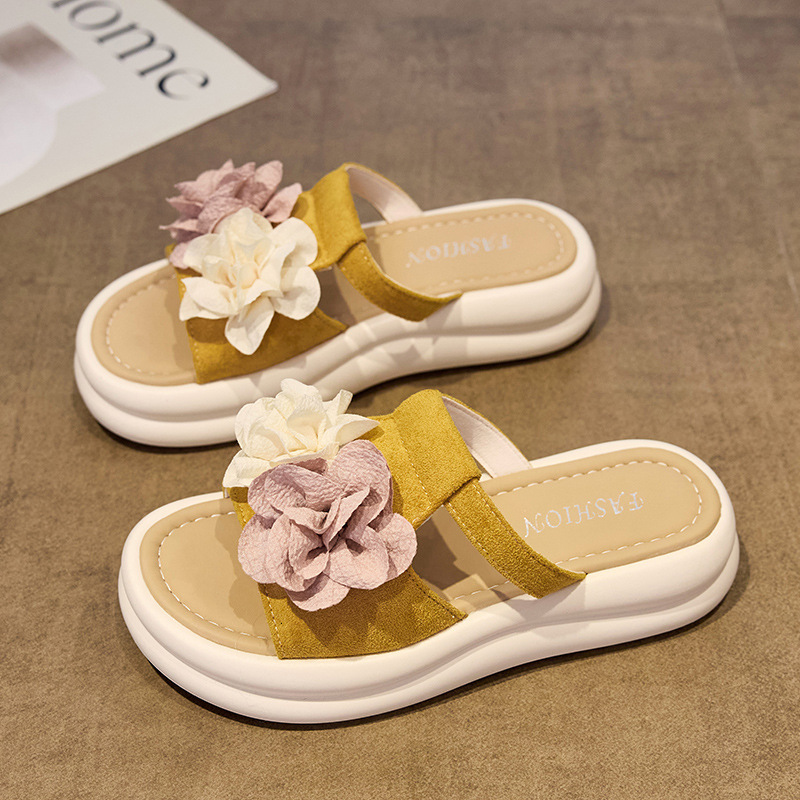 Ddmysports French Style New Women S Sandals Summer Thick Sole Sweet Flower Slippers Outdoor Fashion Versatile Wide Foot Roman Shoes Outdoor Shoes