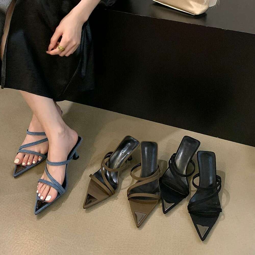 2025 Spring and Autumn New Korean Style Niche Simple Pointed Cross Strap Open Toe Stiletto High Heel Sandals for Women