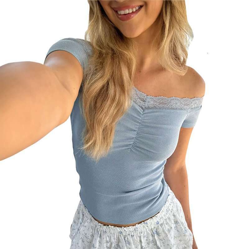 Y25tp190 Women's Summer New Solid Color Sleeveless Off-Shoulder Lace Sexy Top T-Shirt B5