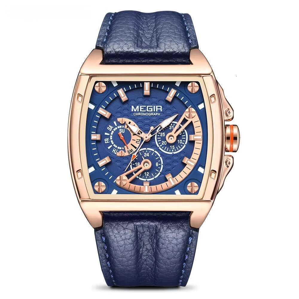 DHwatches MEGIR Men's Tonneau Watch - Chronograph, Luminous, 30M Waterproof, Leather Strap, Sporty Quartz Wristwatch